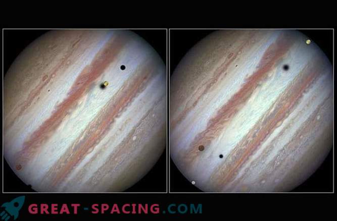 Hubble a realizat o imagine uimitoare a tranzitului a trei sateliți ai lui Jupiter